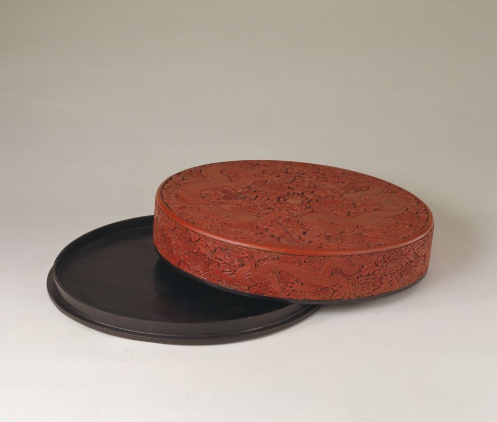 图片[3]-Carved red round box with double dragons and peony patterns-China Archive